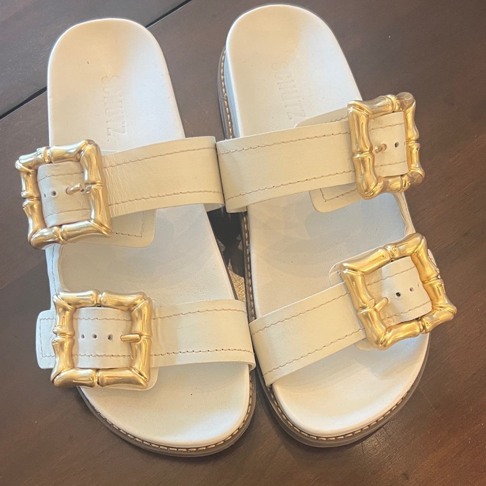 White Sandals with Gold Buckles
